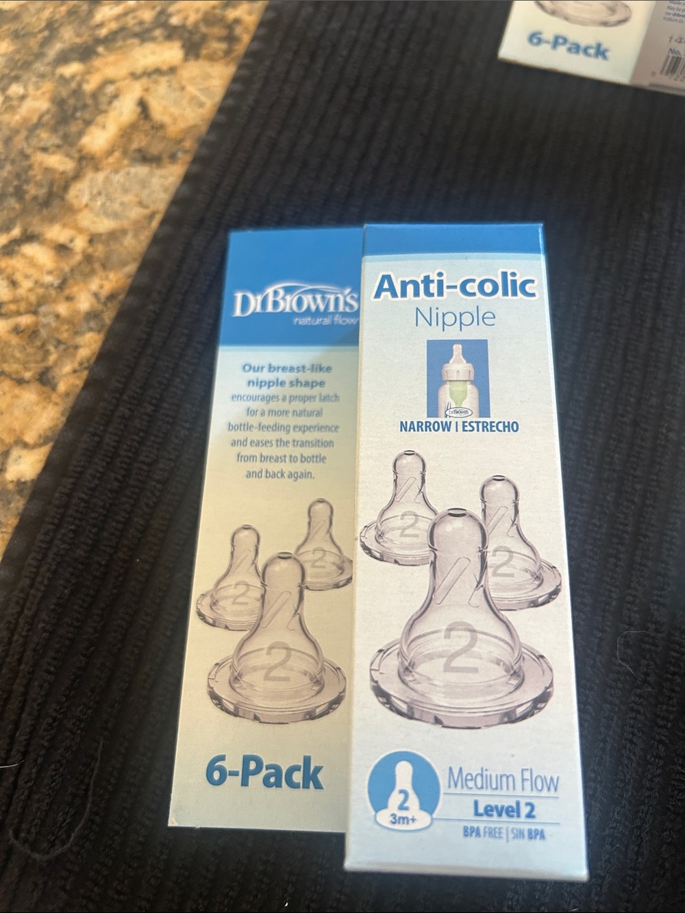 Six boxes Dr. Brown's Anti-colic Nipple 6-Pack Medium Flow (White/Blue) 36 total